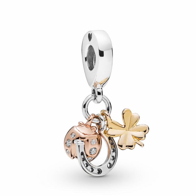 Pandora Horseshoe Clover & Ladybird Dangle Charm - Sterling Silver/Pandora Rose And Pandora Shine/Cu